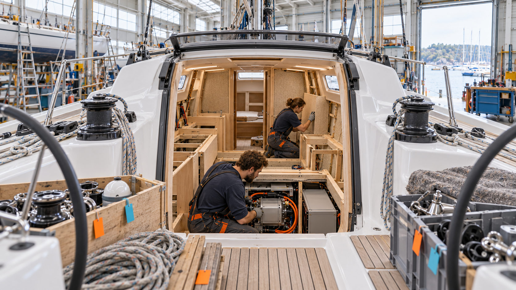 Refit einer Segelyacht in der Werft, Blick ins geöffnete Cockpit