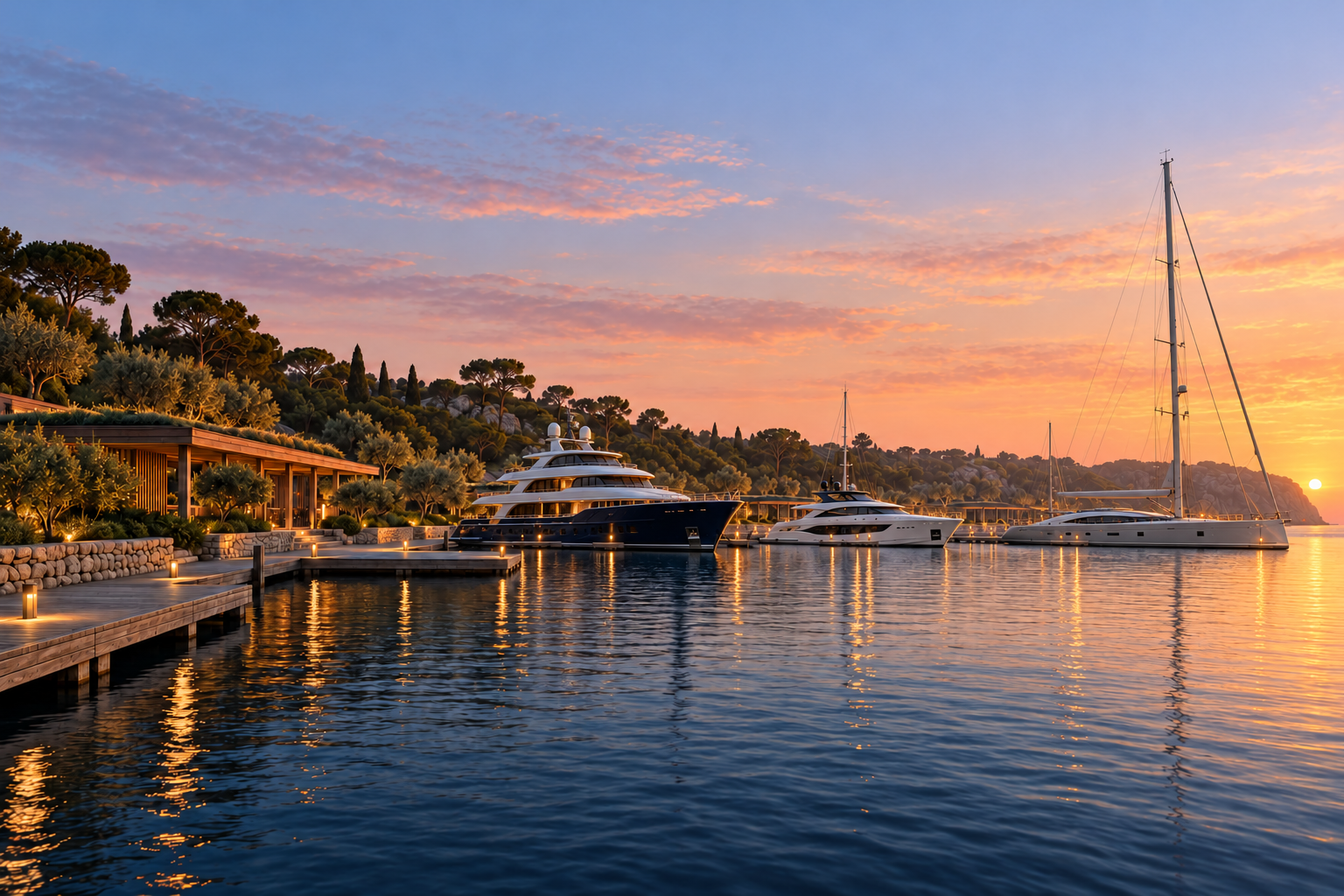 Marina mit Superyachten an der Mittelmeerküste im Sonnenaufgang