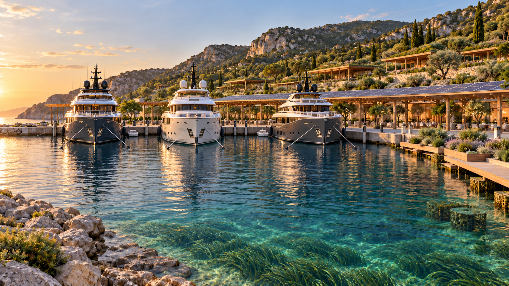 Visualisierung des RE:MARINA-Konzepts: Superyacht-Marina in einer Mittelmeerbucht