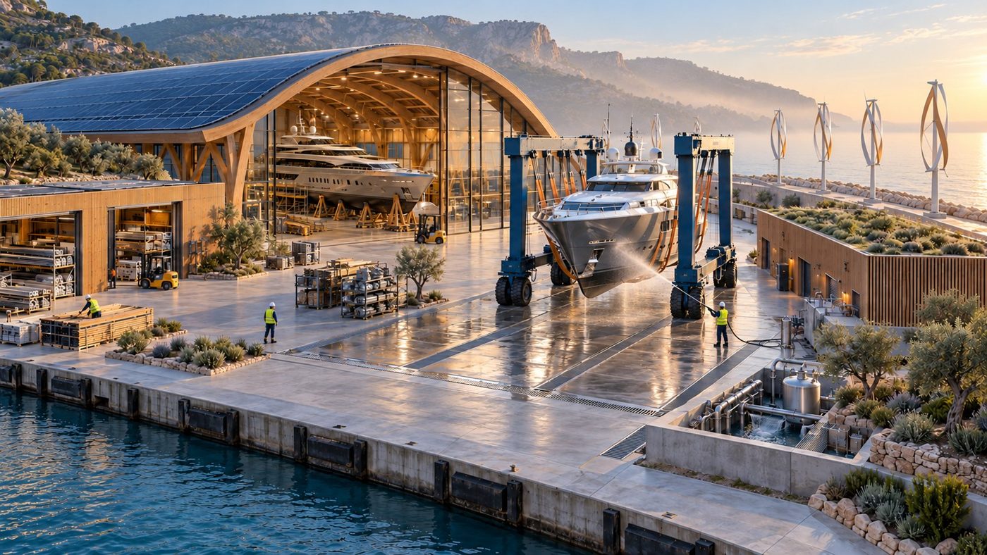 Visualisierung einer Superyacht-Marina mit begrünten Dächern und Yachtwerft