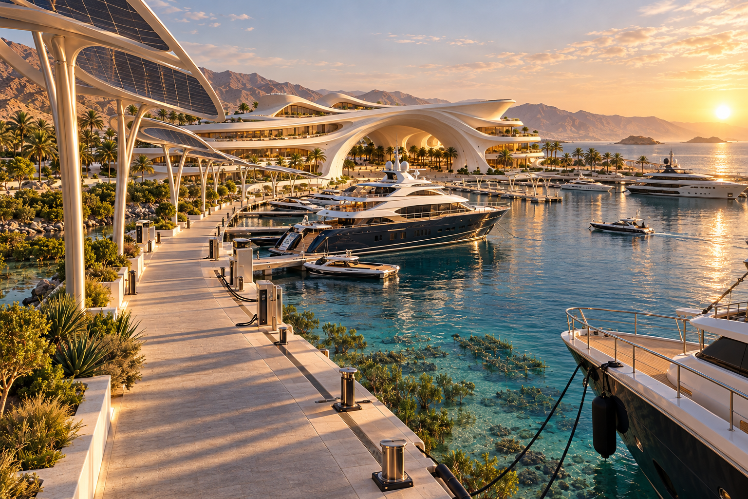 Visualisierung einer Superyacht-Marina der Zukunft mit begrünter Promenade im Abendlicht